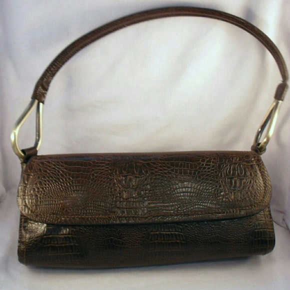 Bueno Brown Croc Embossed Leather Gold Handbag - Picture 3 of 13